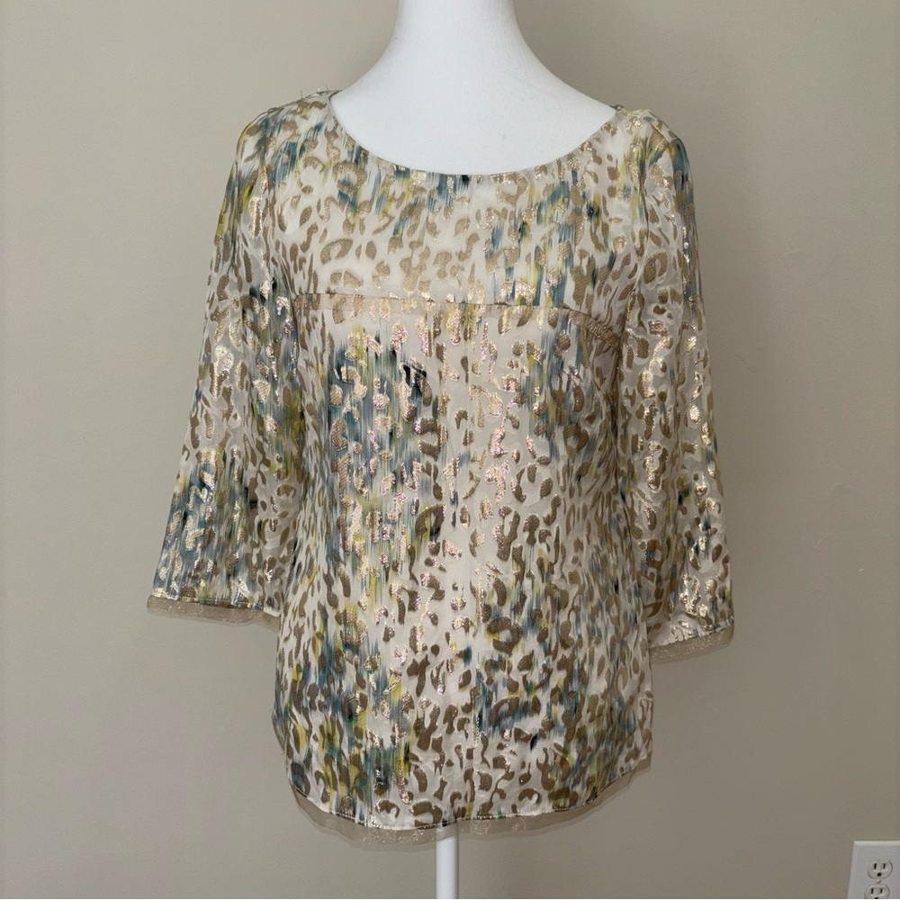 ANTONIO MELANI Gold Metallic Leopard Print Blouse Size XS